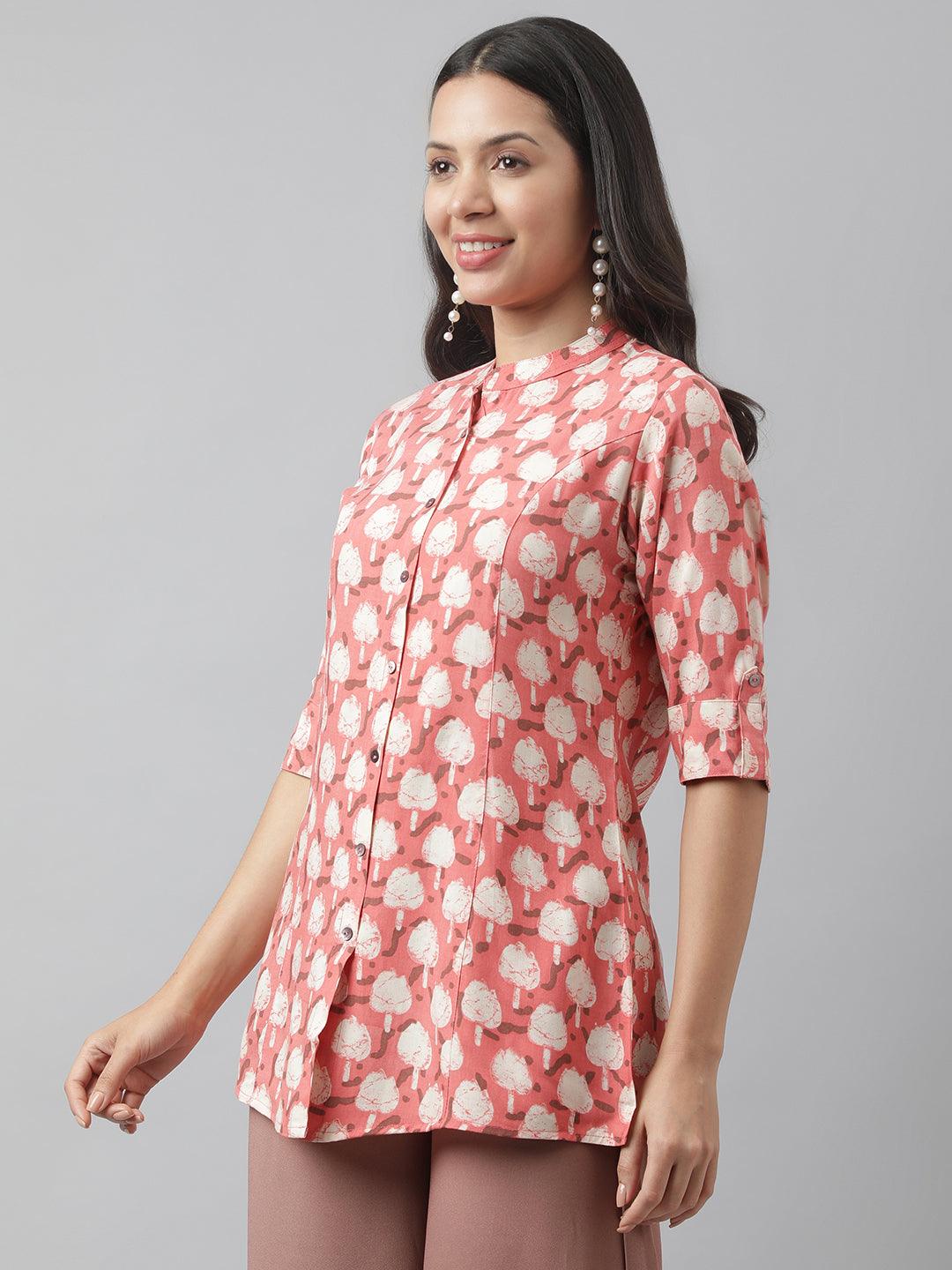 Peach Floral Printed Rayon A-Line Shirt Style Top | LASVINI - Redefining Indian Fashion with Elegance