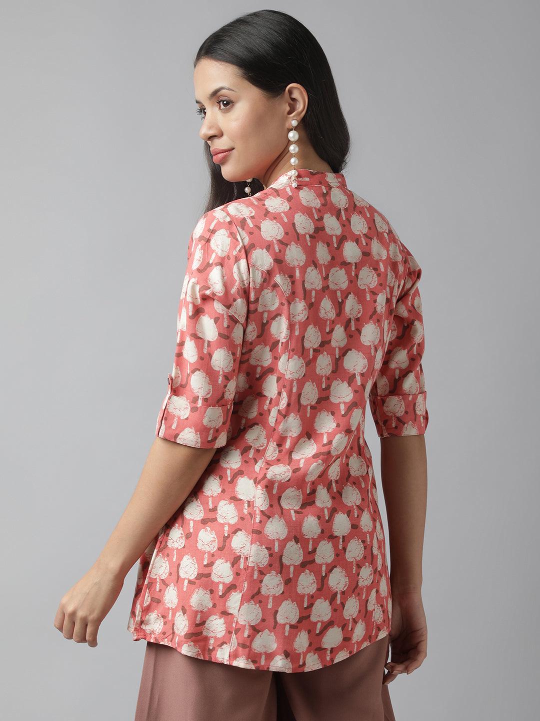 Peach Floral Printed Rayon A-Line Shirt Style Top | LASVINI - Redefining Indian Fashion with Elegance