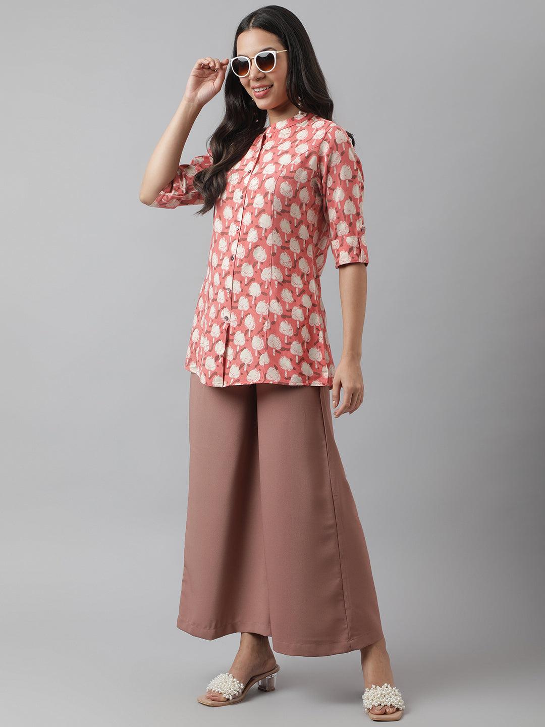 Peach Floral Printed Rayon A-Line Shirt Style Top | LASVINI - Redefining Indian Fashion with Elegance