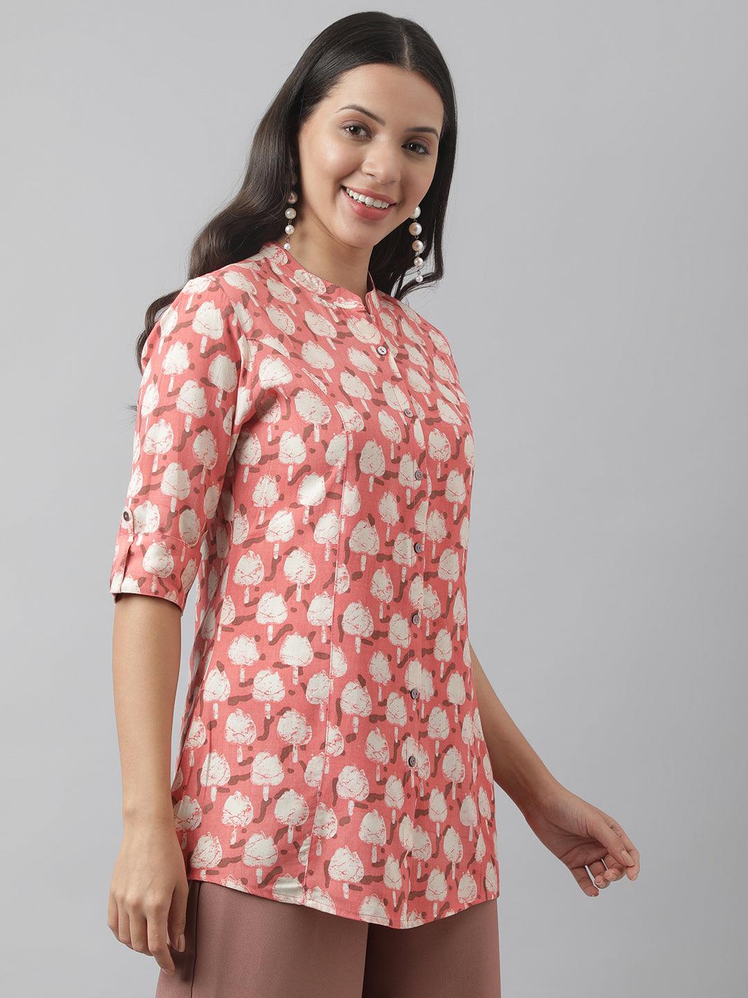 Peach Floral Printed Rayon A-Line Shirt Style Top | LASVINI - Redefining Indian Fashion with Elegance
