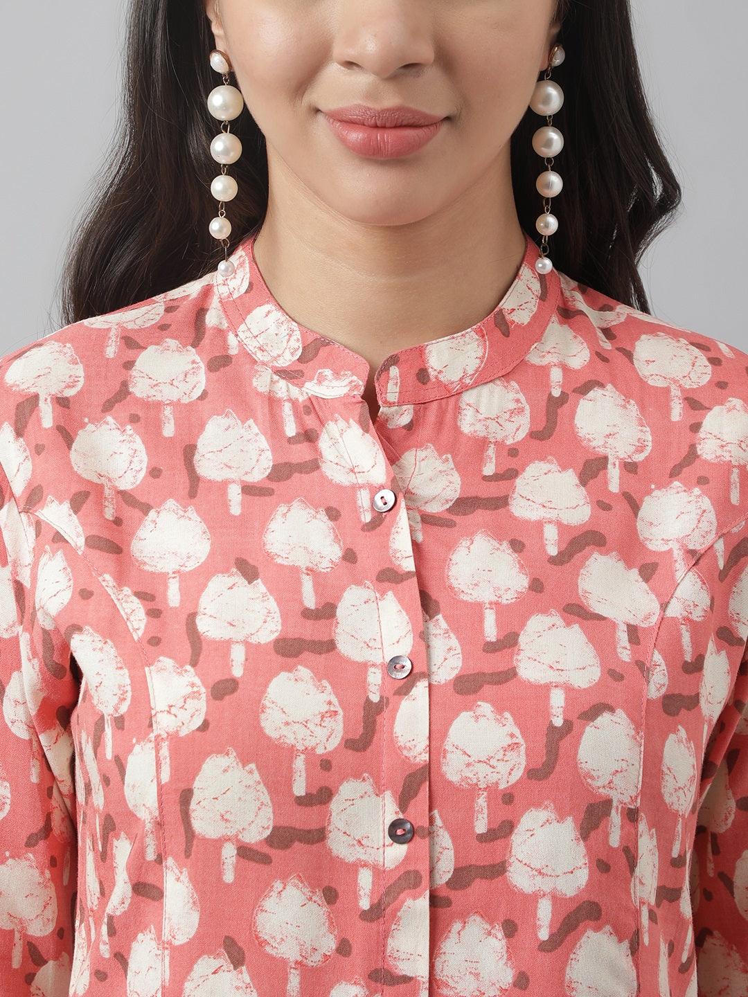 Peach Floral Printed Rayon A-Line Shirt Style Top | LASVINI - Redefining Indian Fashion with Elegance
