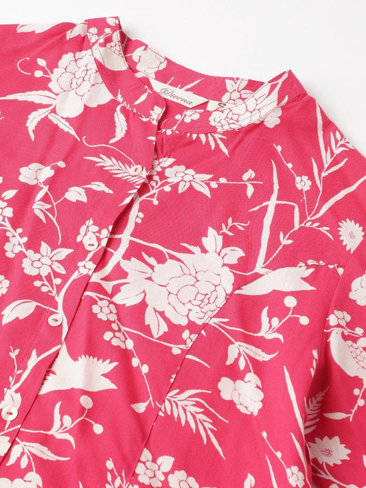 Hot Pink Floral Printed Rayon A-Line Shirt Style Top | LASVINI - Redefining Indian Fashion with Elegance
