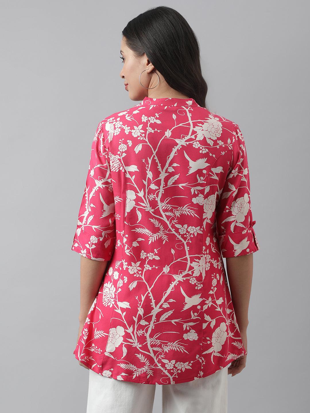 Hot Pink Floral Printed Rayon A-Line Shirt Style Top | LASVINI - Redefining Indian Fashion with Elegance
