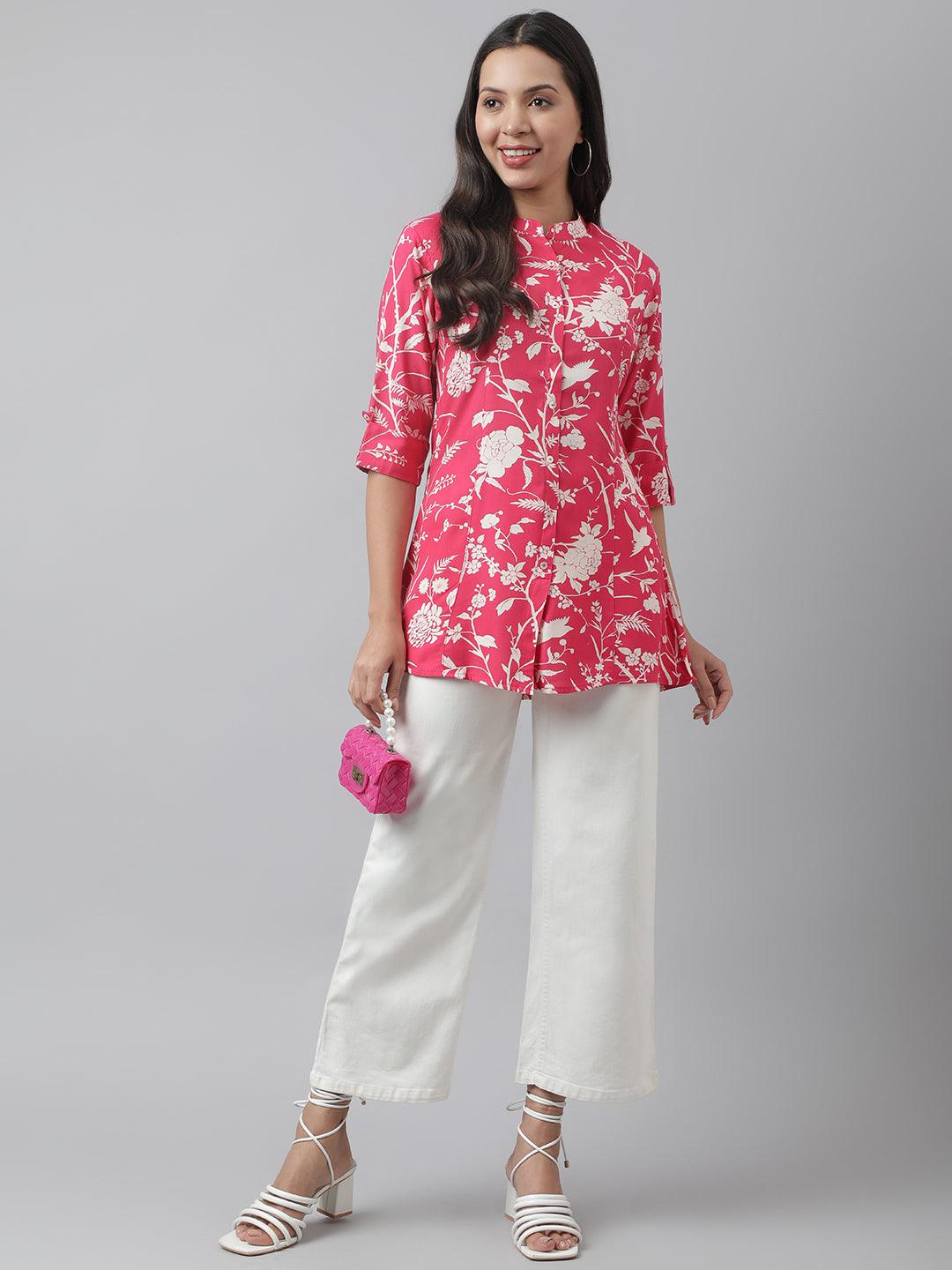 Hot Pink Floral Printed Rayon A-Line Shirt Style Top | LASVINI - Redefining Indian Fashion with Elegance