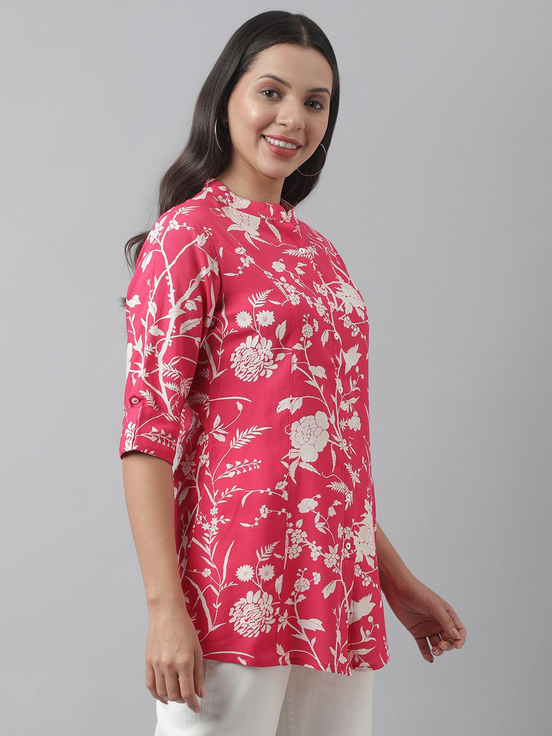 Hot Pink Floral Printed Rayon A-Line Shirt Style Top | LASVINI - Redefining Indian Fashion with Elegance