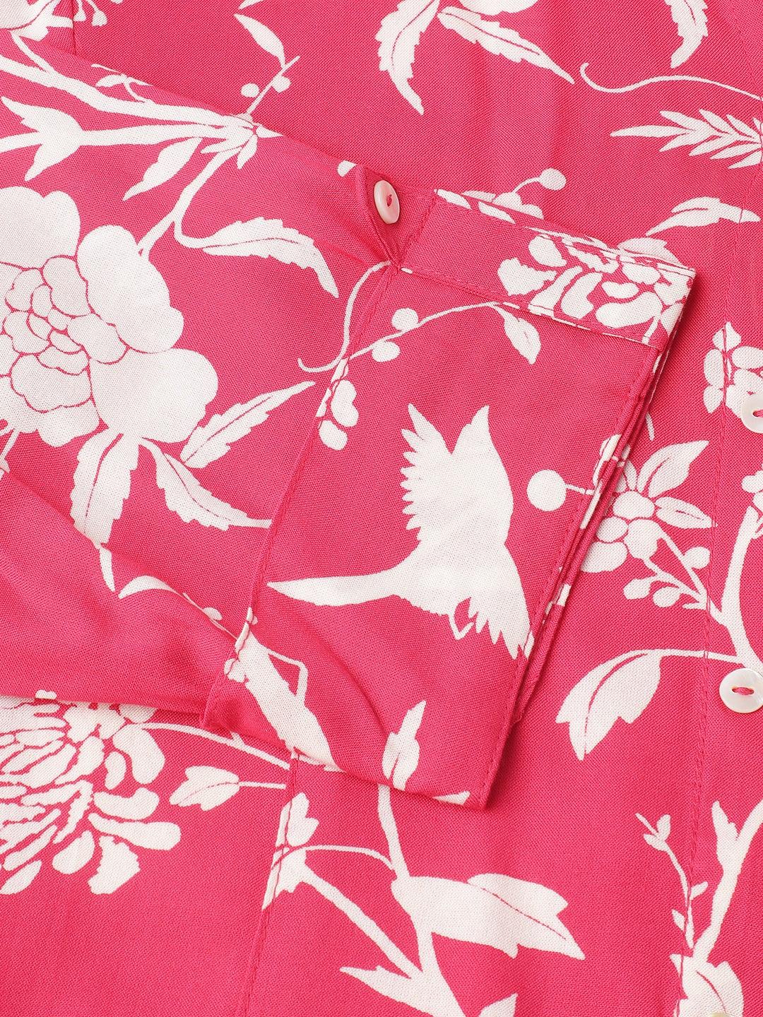 Hot Pink Floral Printed Rayon A-Line Shirt Style Top | LASVINI - Redefining Indian Fashion with Elegance