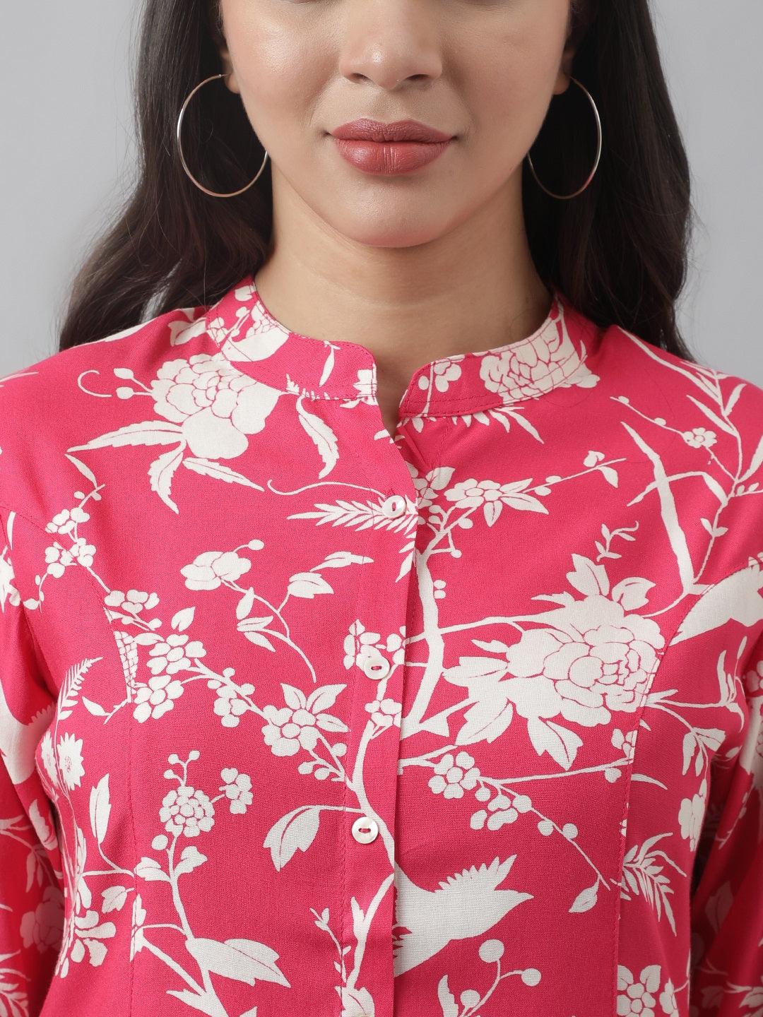 Hot Pink Floral Printed Rayon A-Line Shirt Style Top | LASVINI - Redefining Indian Fashion with Elegance