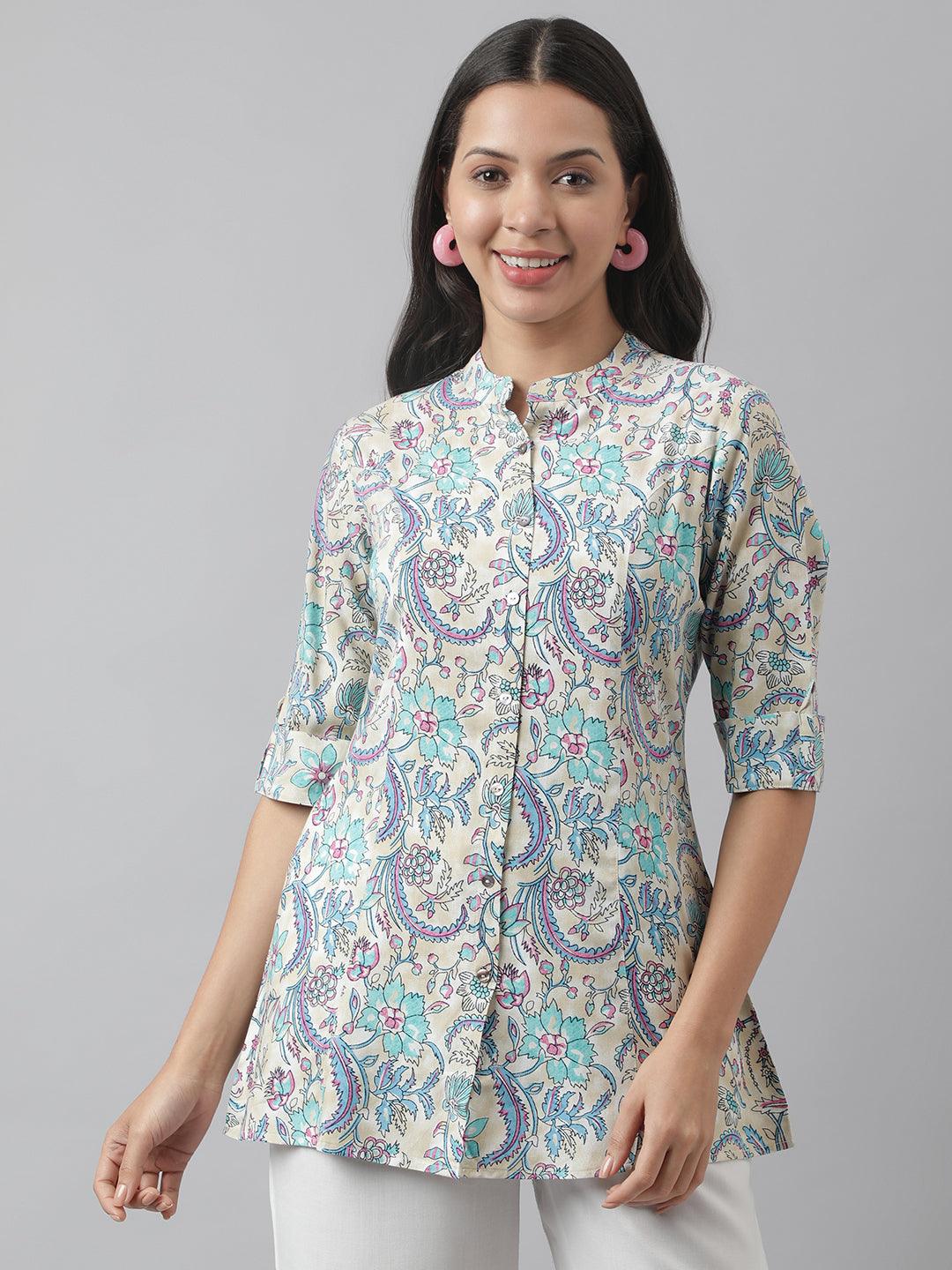Multi Colored Floral Printed Rayon A-Line Shirt Style Top | LASVINI - Redefining Indian Fashion with Elegance