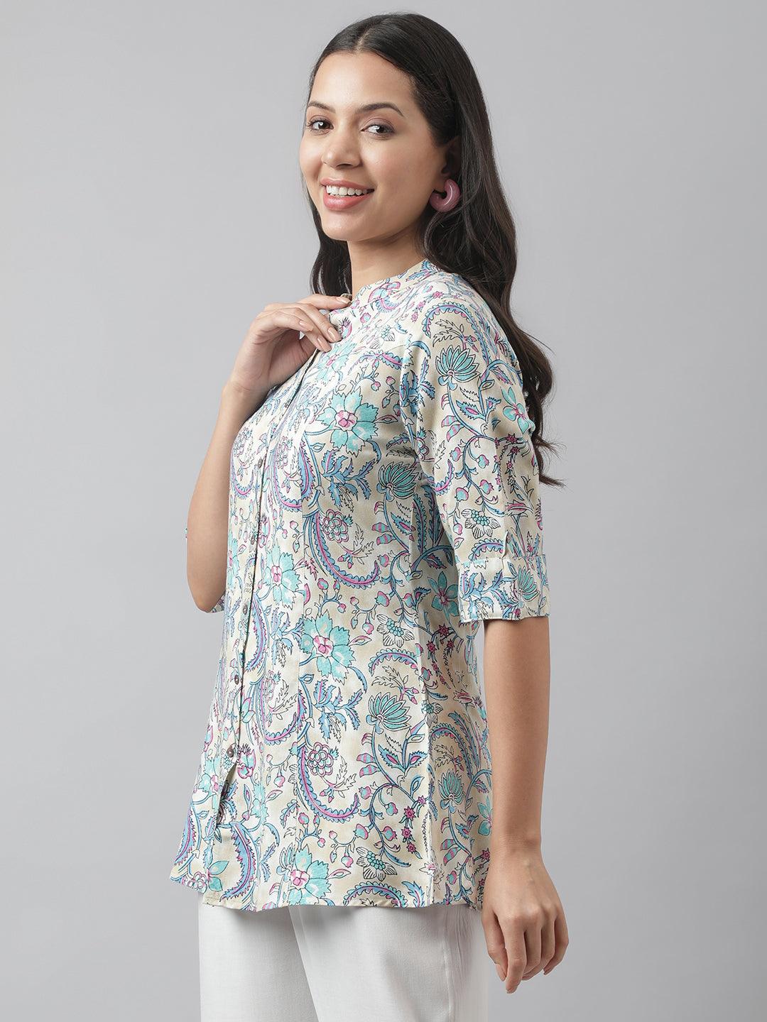 Multi Colored Floral Printed Rayon A-Line Shirt Style Top | LASVINI - Redefining Indian Fashion with Elegance