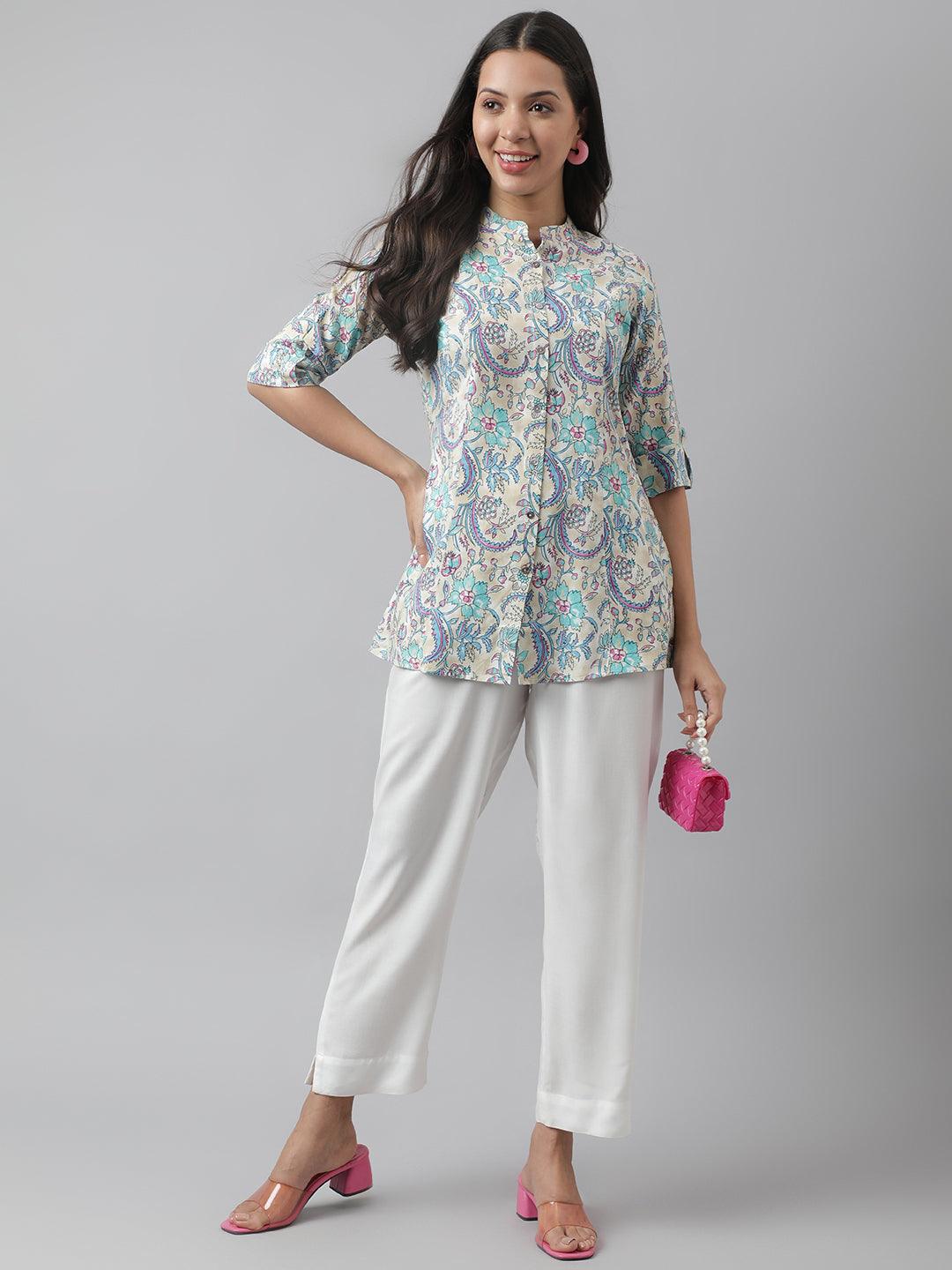 Multi Colored Floral Printed Rayon A-Line Shirt Style Top | LASVINI - Redefining Indian Fashion with Elegance