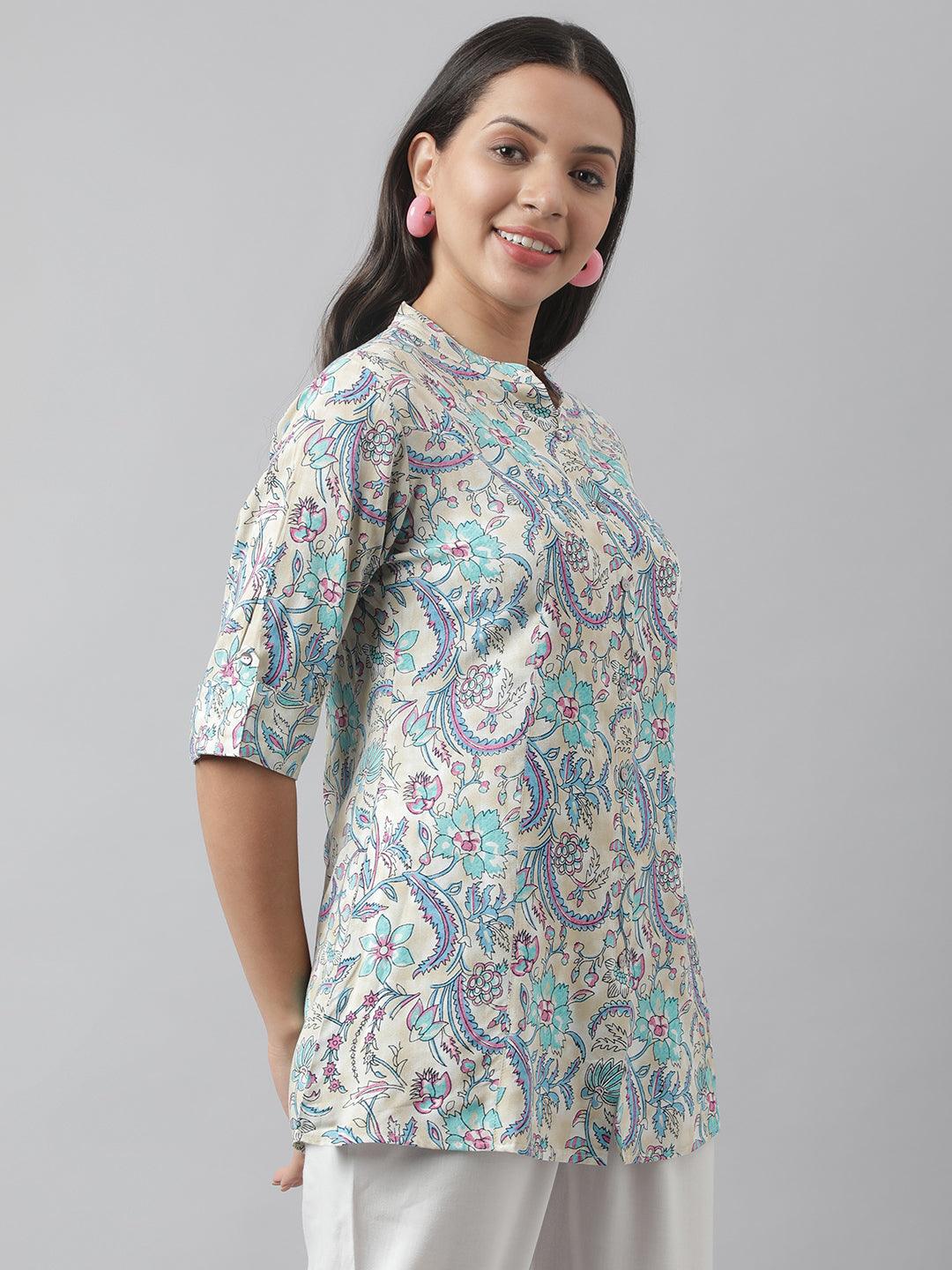 Multi Colored Floral Printed Rayon A-Line Shirt Style Top | LASVINI - Redefining Indian Fashion with Elegance