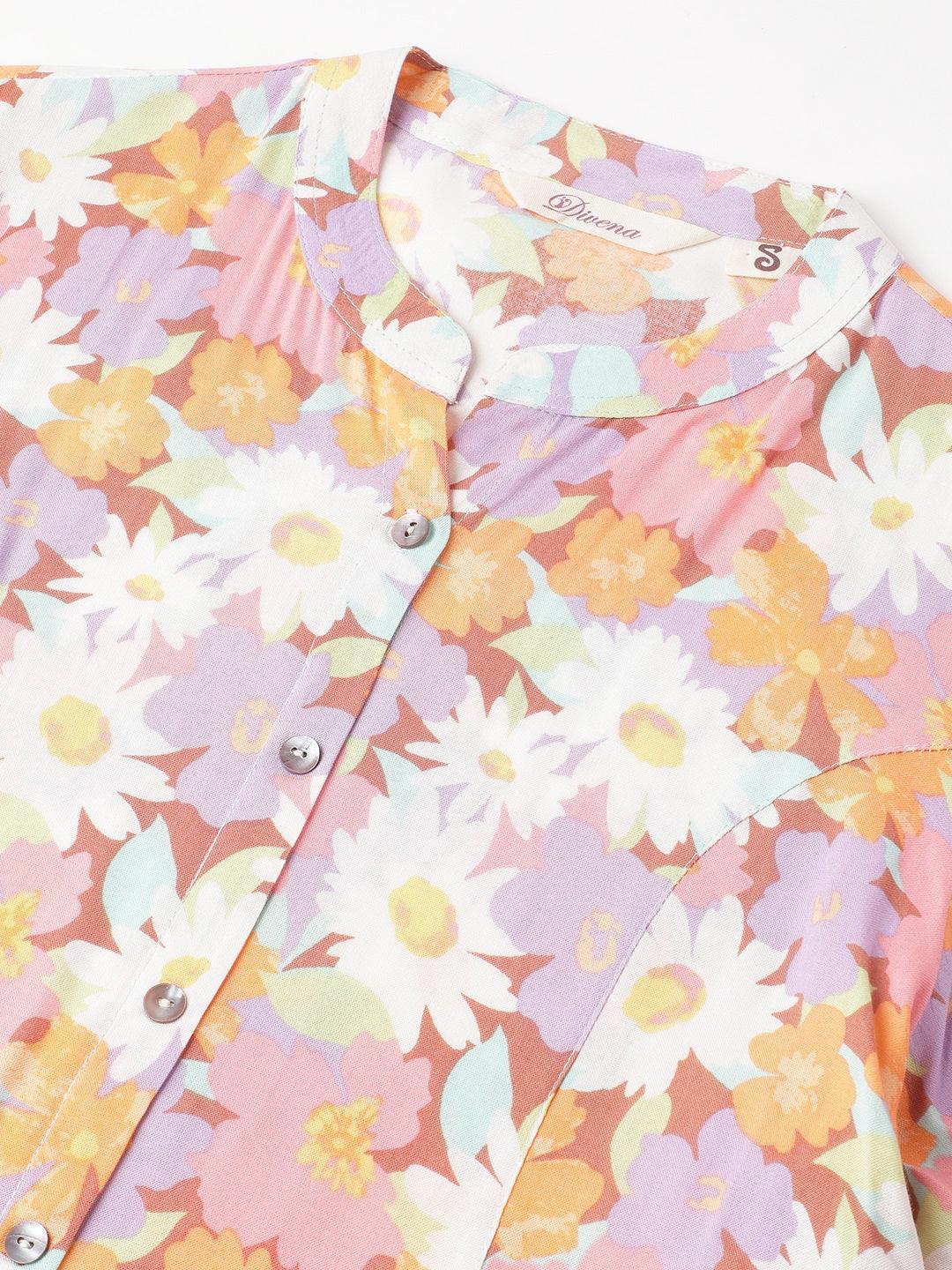 Lavender Floral Printed Rayon A-Line Shirt Style Top | LASVINI - Redefining Indian Fashion with Elegance
