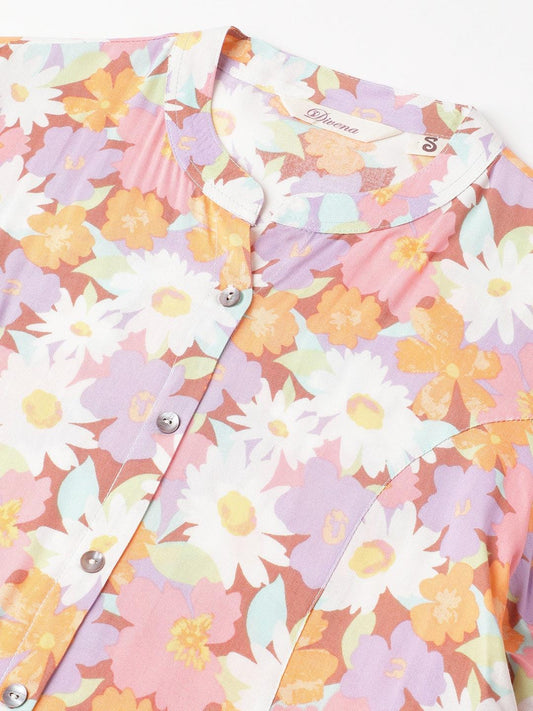 Lavender Floral Printed Rayon A-Line Shirt Style Top | LASVINI - Redefining Indian Fashion with Elegance