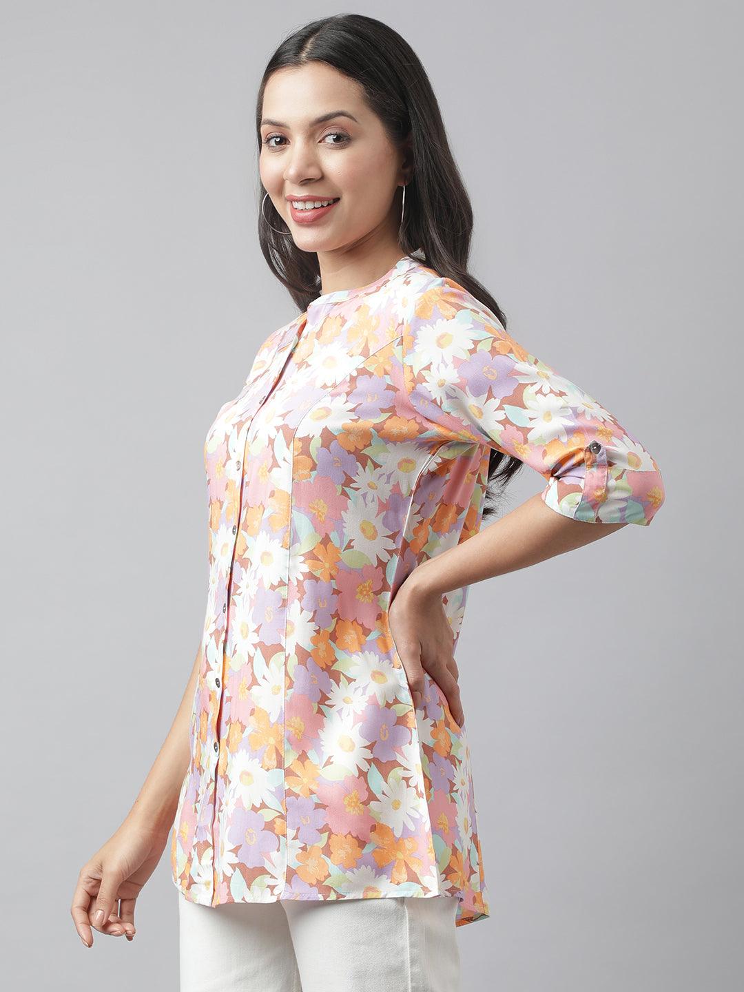 Lavender Floral Printed Rayon A-Line Shirt Style Top | LASVINI - Redefining Indian Fashion with Elegance