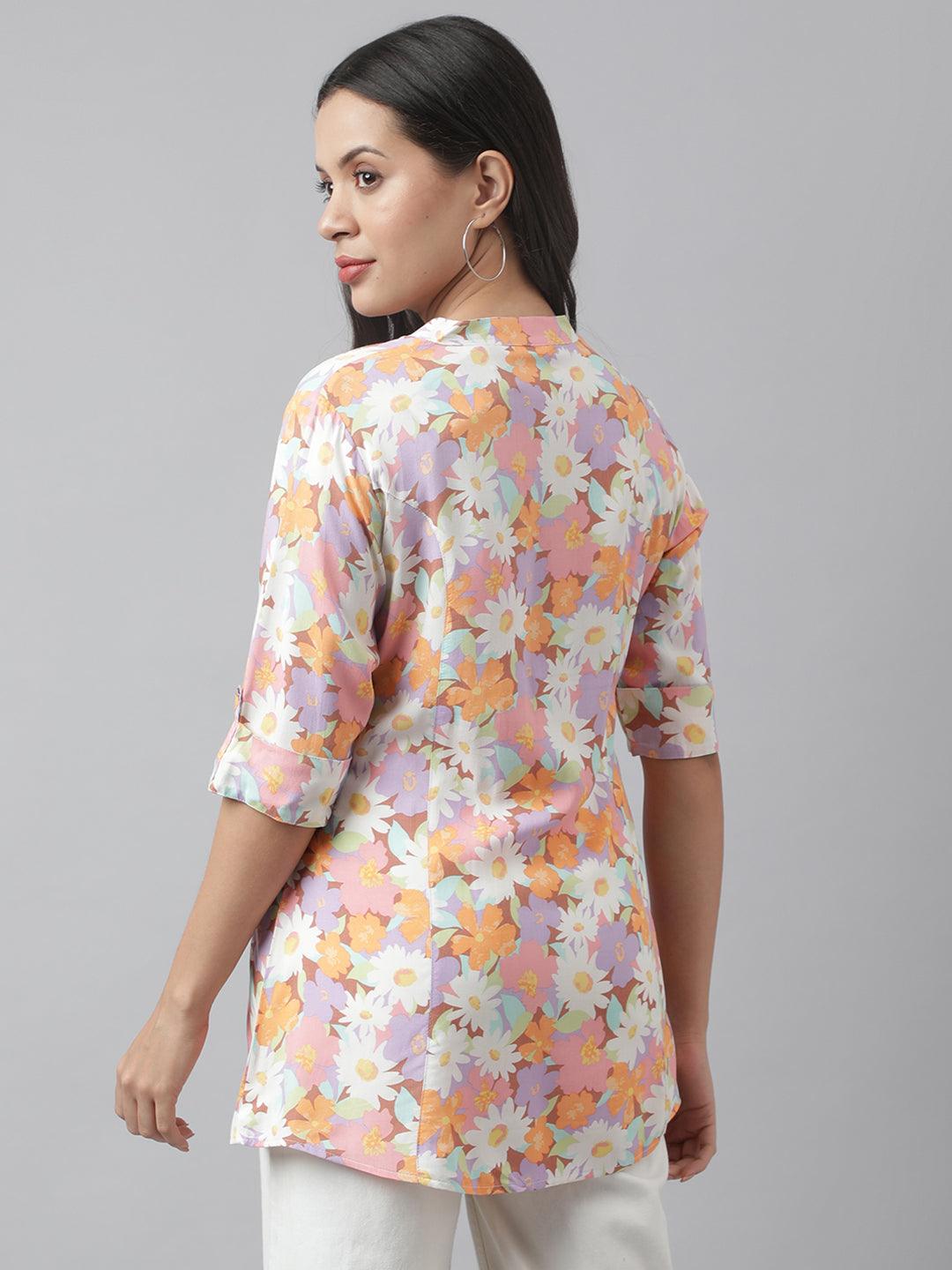 Lavender Floral Printed Rayon A-Line Shirt Style Top | LASVINI - Redefining Indian Fashion with Elegance