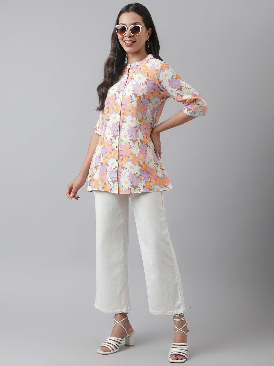 Lavender Floral Printed Rayon A-Line Shirt Style Top | LASVINI - Redefining Indian Fashion with Elegance