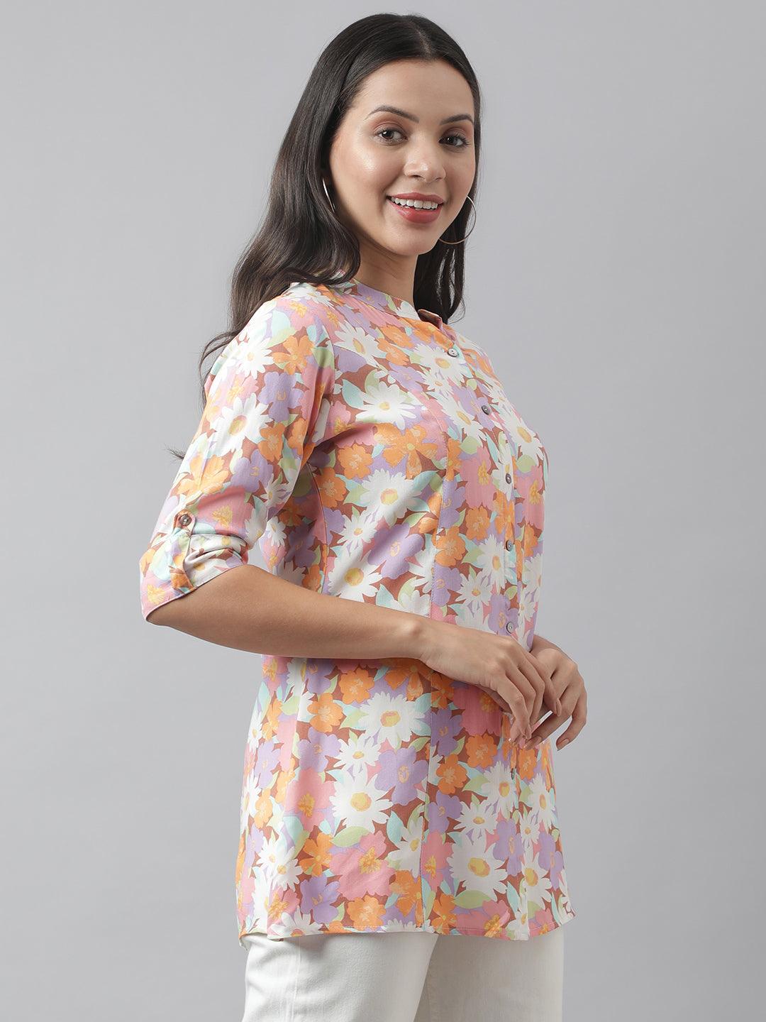 Lavender Floral Printed Rayon A-Line Shirt Style Top | LASVINI - Redefining Indian Fashion with Elegance