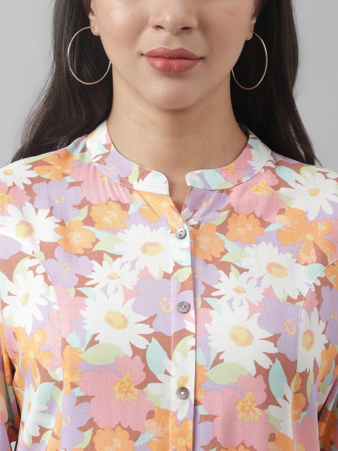 Lavender Floral Printed Rayon A-Line Shirt Style Top | LASVINI - Redefining Indian Fashion with Elegance