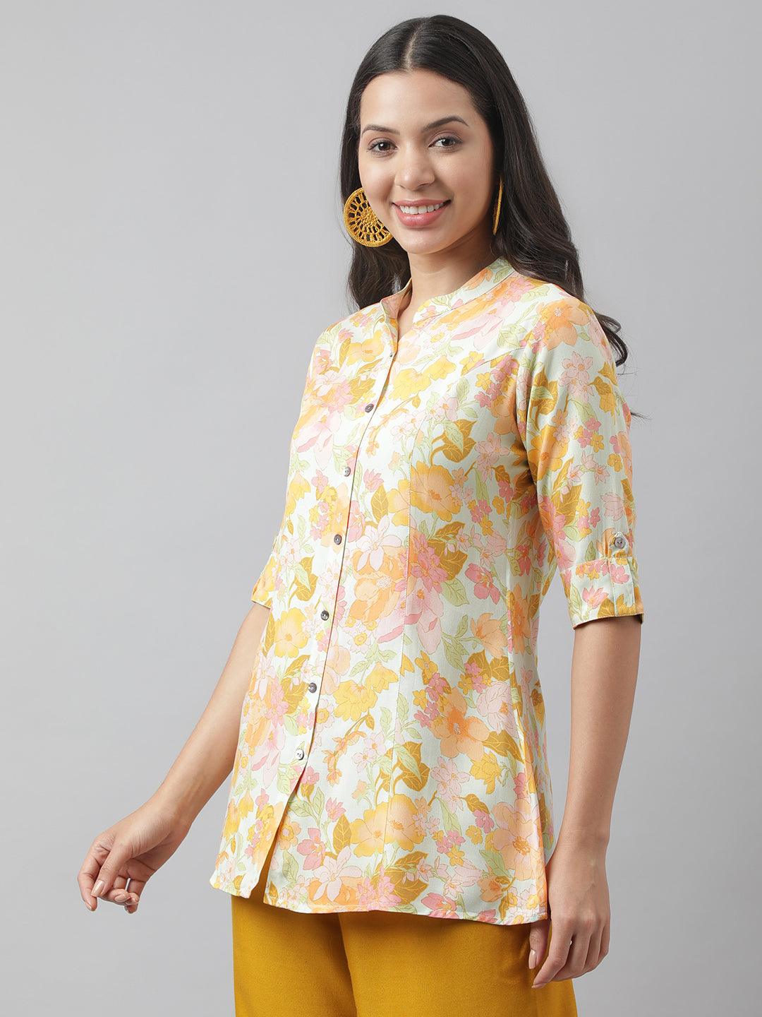 Pista Green Floral Printed Rayon A-Line Shirt Style Top | LASVINI - Redefining Indian Fashion with Elegance