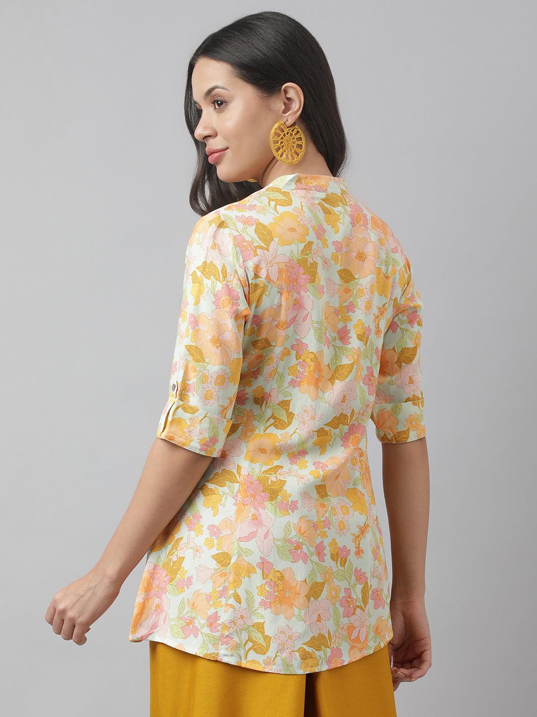 Pista Green Floral Printed Rayon A-Line Shirt Style Top | LASVINI - Redefining Indian Fashion with Elegance