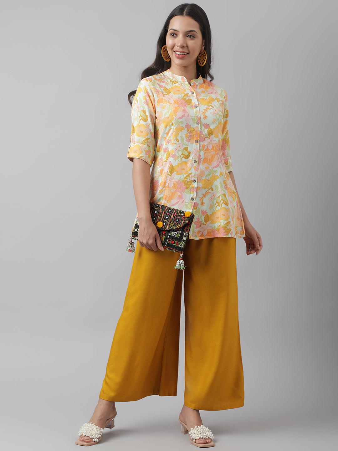Pista Green Floral Printed Rayon A-Line Shirt Style Top | LASVINI - Redefining Indian Fashion with Elegance