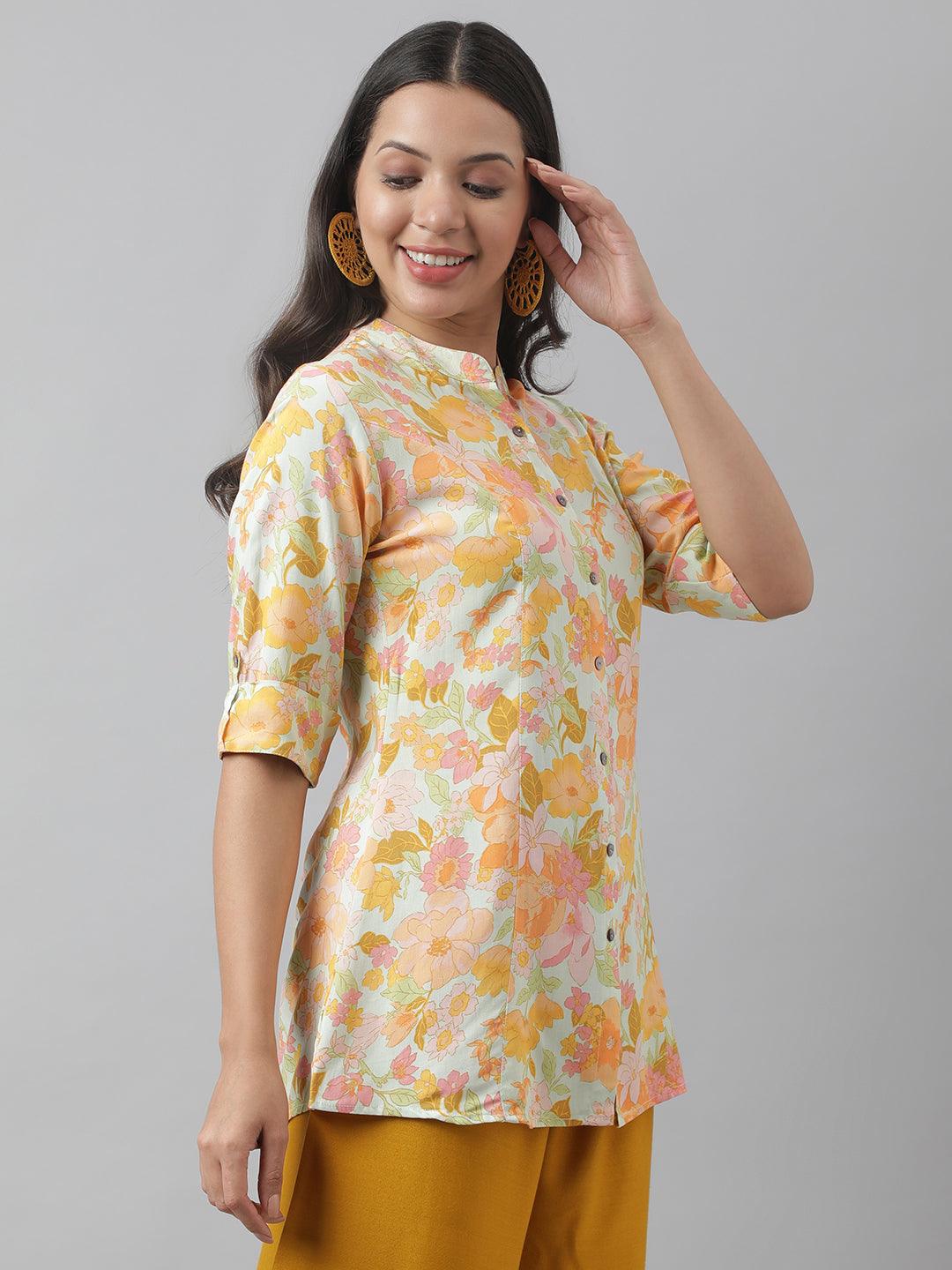 Pista Green Floral Printed Rayon A-Line Shirt Style Top | LASVINI - Redefining Indian Fashion with Elegance