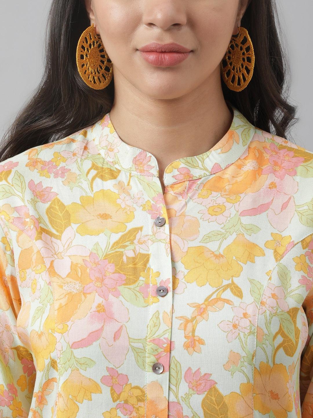 Pista Green Floral Printed Rayon A-Line Shirt Style Top | LASVINI - Redefining Indian Fashion with Elegance