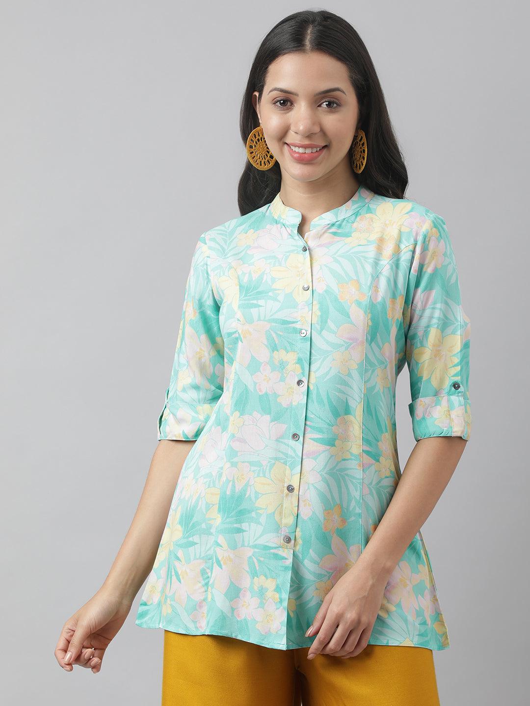 Sea Green Floral Printed Rayon A-Line Shirt Style Top | LASVINI - Redefining Indian Fashion with Elegance