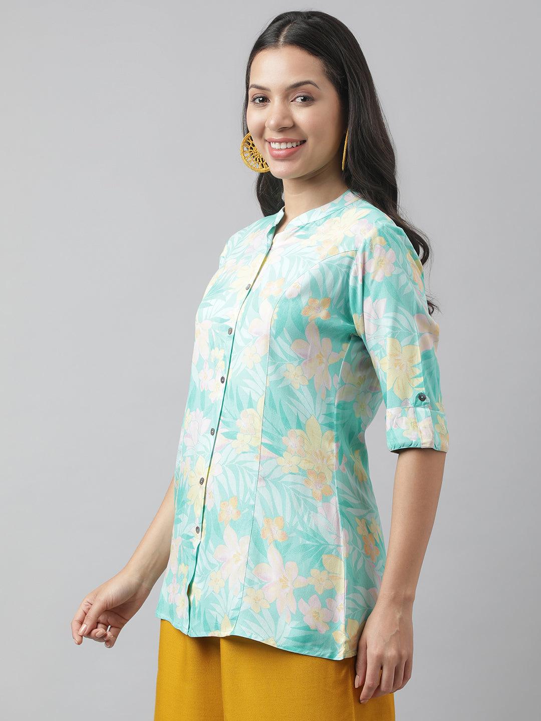 Sea Green Floral Printed Rayon A-Line Shirt Style Top | LASVINI - Redefining Indian Fashion with Elegance