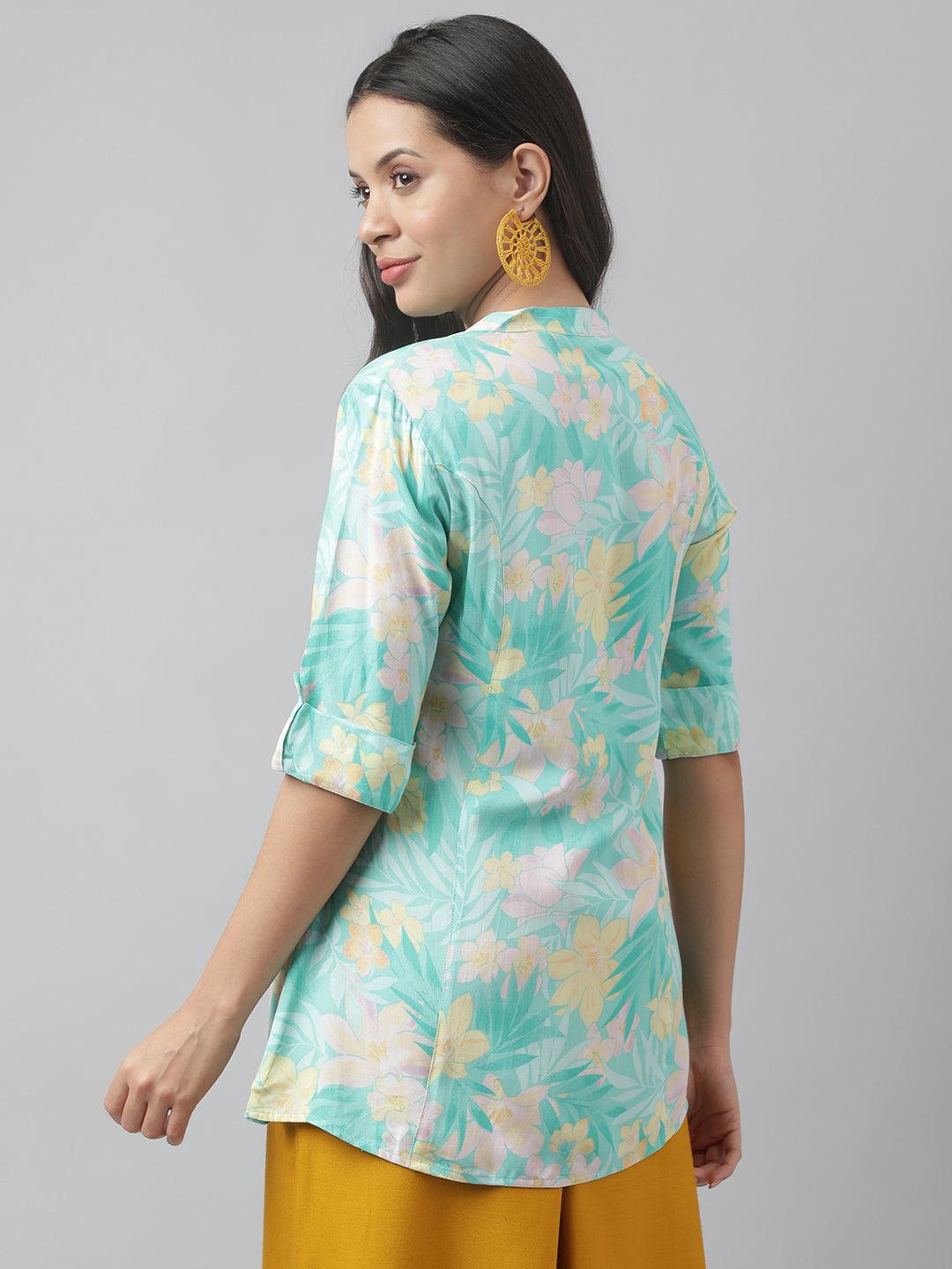 Sea Green Floral Printed Rayon A-Line Shirt Style Top | LASVINI - Redefining Indian Fashion with Elegance