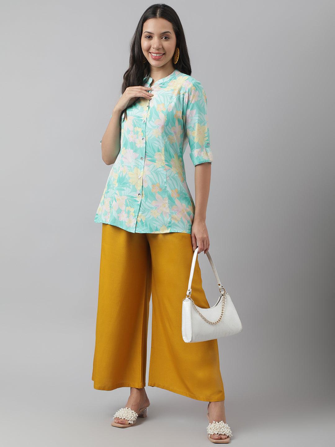 Sea Green Floral Printed Rayon A-Line Shirt Style Top | LASVINI - Redefining Indian Fashion with Elegance