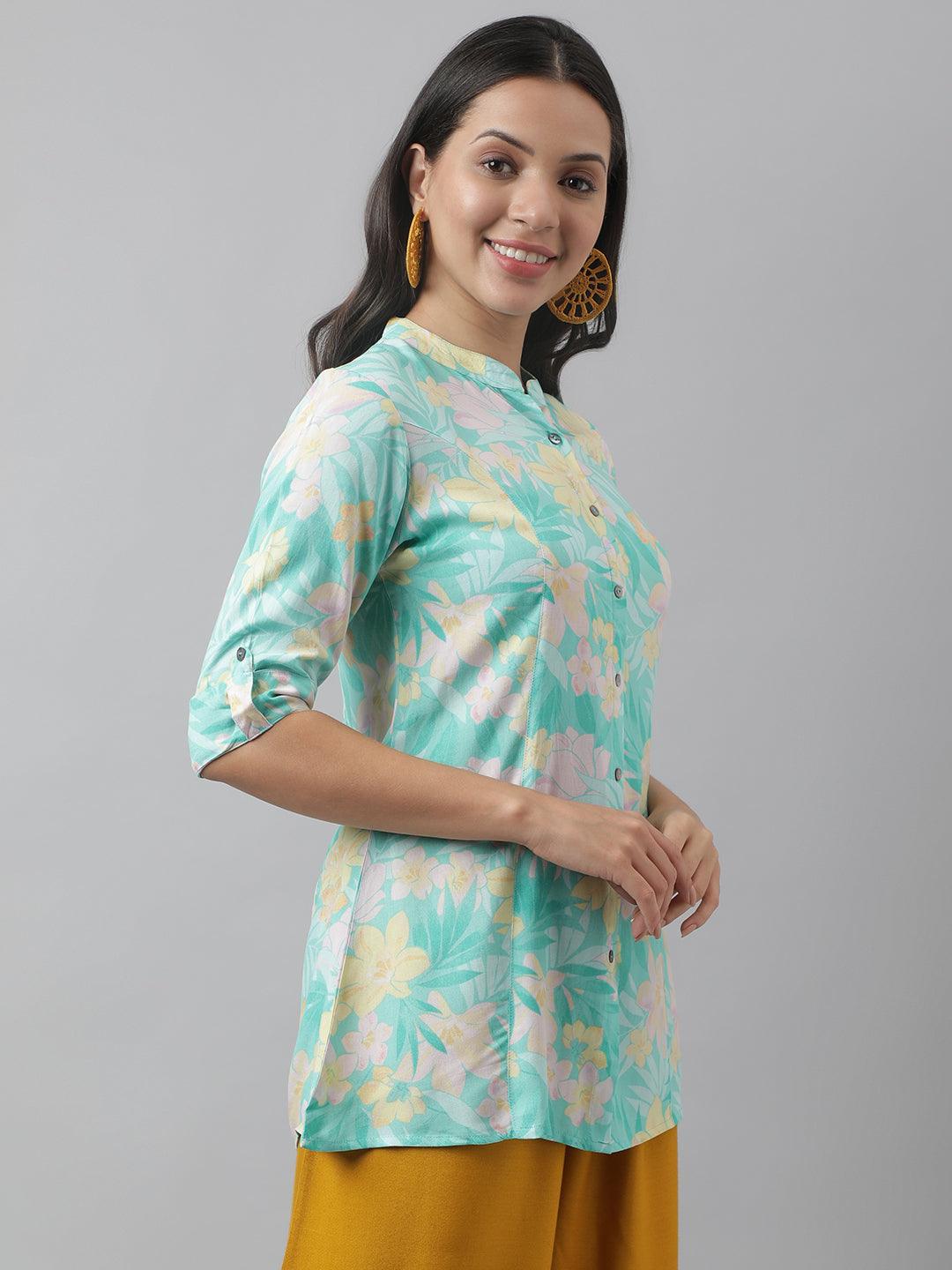 Sea Green Floral Printed Rayon A-Line Shirt Style Top | LASVINI - Redefining Indian Fashion with Elegance
