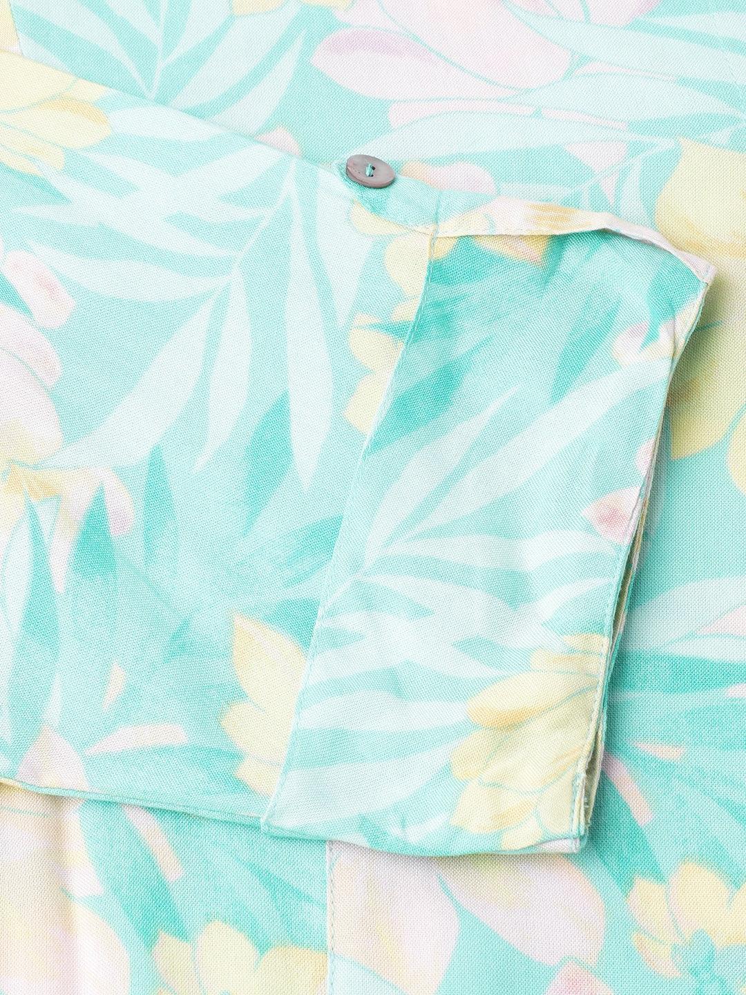 Sea Green Floral Printed Rayon A-Line Shirt Style Top | LASVINI - Redefining Indian Fashion with Elegance
