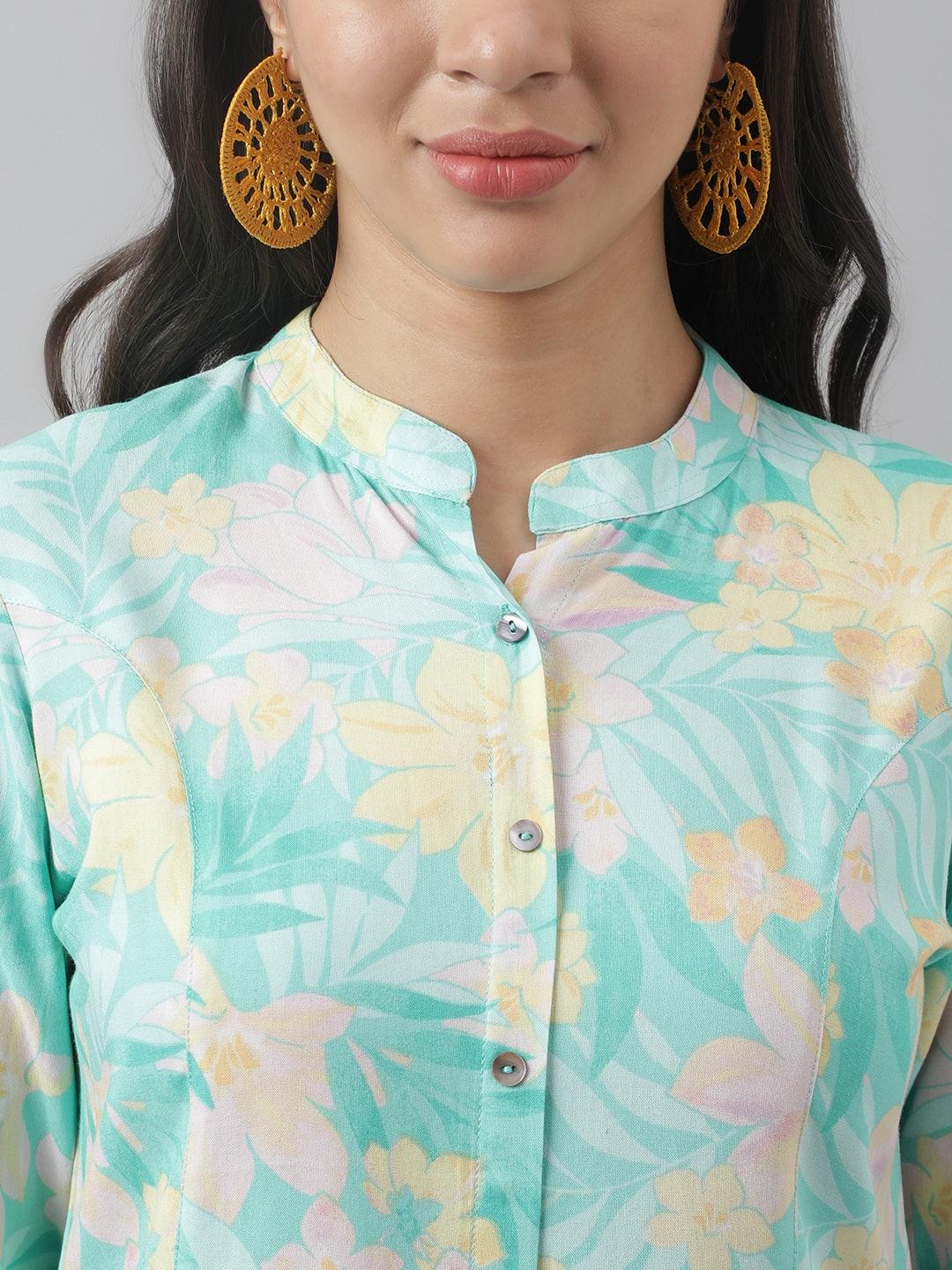 Sea Green Floral Printed Rayon A-Line Shirt Style Top | LASVINI - Redefining Indian Fashion with Elegance