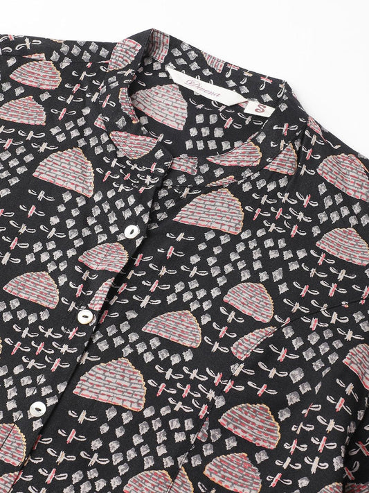 Black Floral Printed Rayon A-Line Shirt Style Top | LASVINI - Redefining Indian Fashion with Elegance