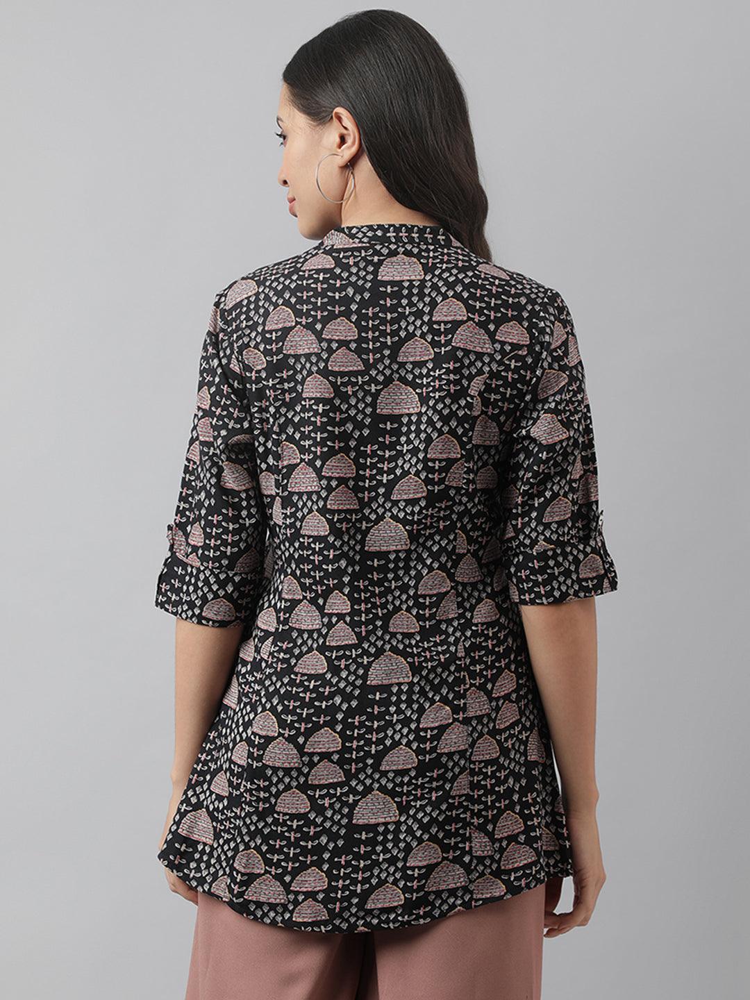 Black Floral Printed Rayon A-Line Shirt Style Top | LASVINI - Redefining Indian Fashion with Elegance