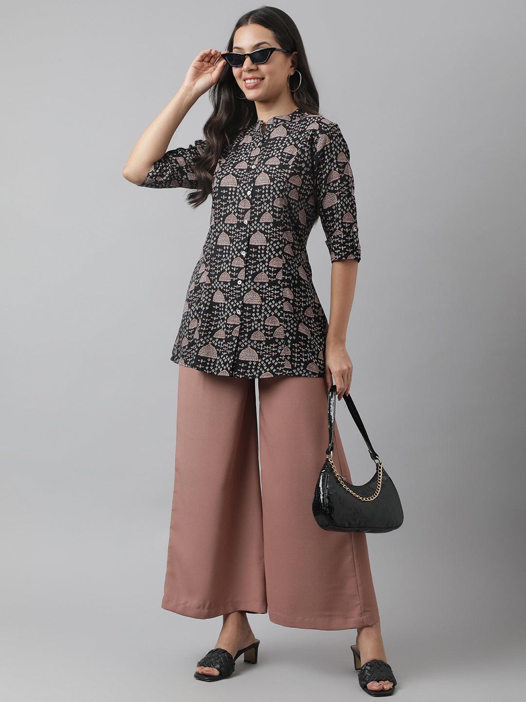 Black Floral Printed Rayon A-Line Shirt Style Top | LASVINI - Redefining Indian Fashion with Elegance