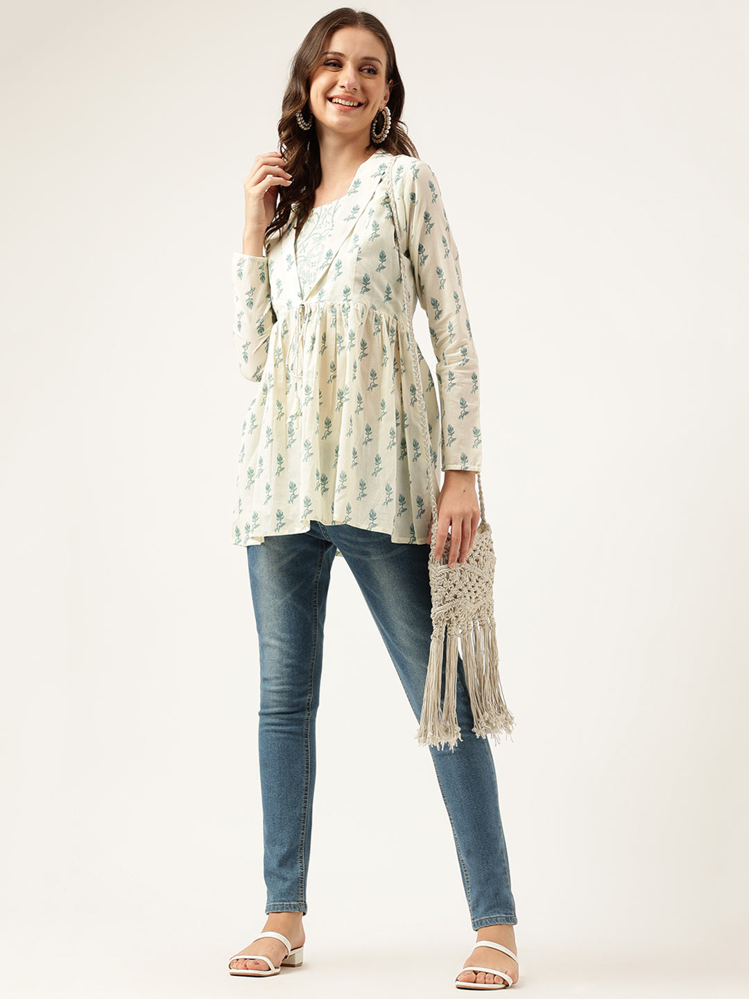 Green Floral Printed Empire Cotton Tops | LASVINI - Redefining Indian Fashion with Elegance