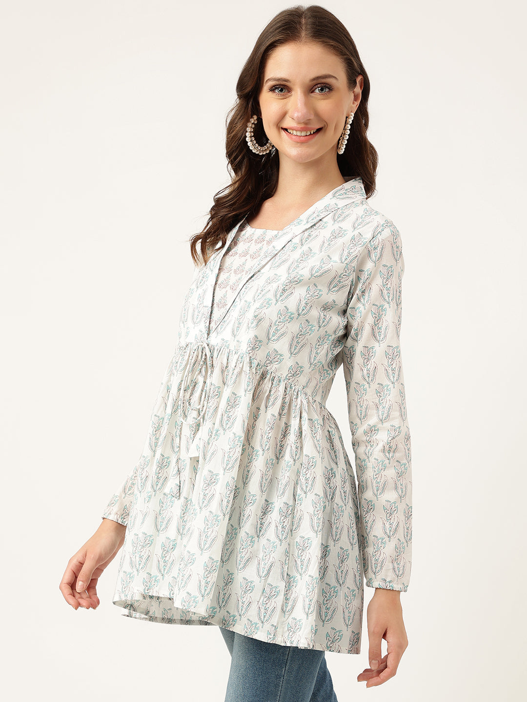 White Floral Printed Empire Cotton Tops | LASVINI - Redefining Indian Fashion with Elegance