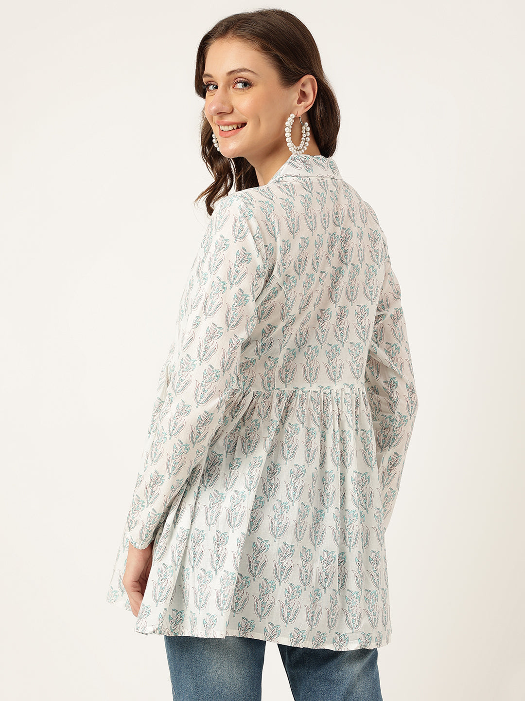 White Floral Printed Empire Cotton Tops | LASVINI - Redefining Indian Fashion with Elegance