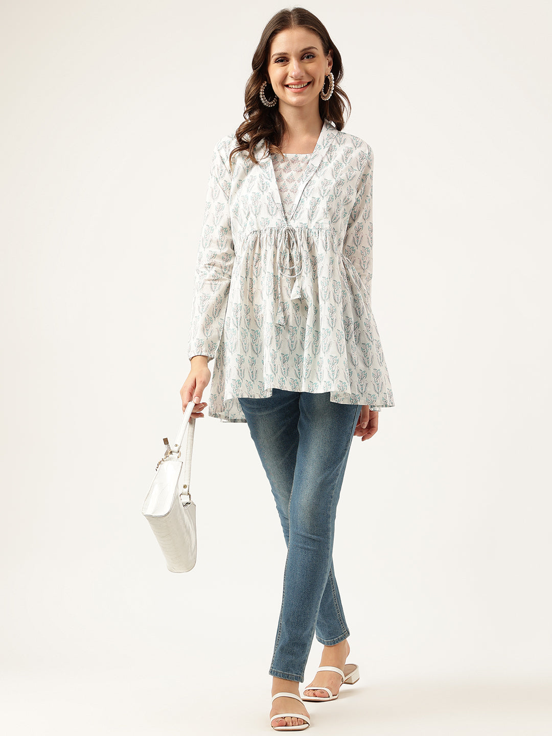 White Floral Printed Empire Cotton Tops | LASVINI - Redefining Indian Fashion with Elegance