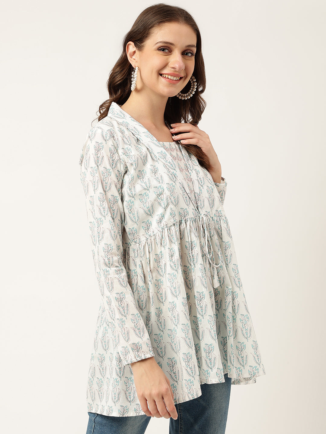 White Floral Printed Empire Cotton Tops | LASVINI - Redefining Indian Fashion with Elegance