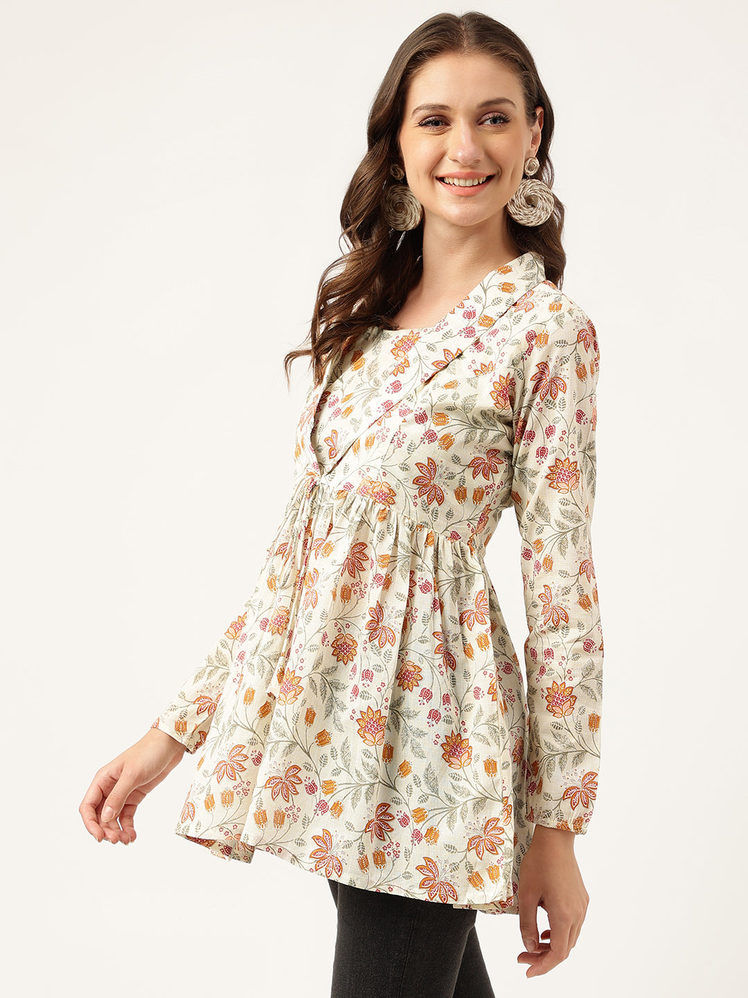 Brown Floral Printed Empire Cotton Tops | LASVINI - Redefining Indian Fashion with Elegance