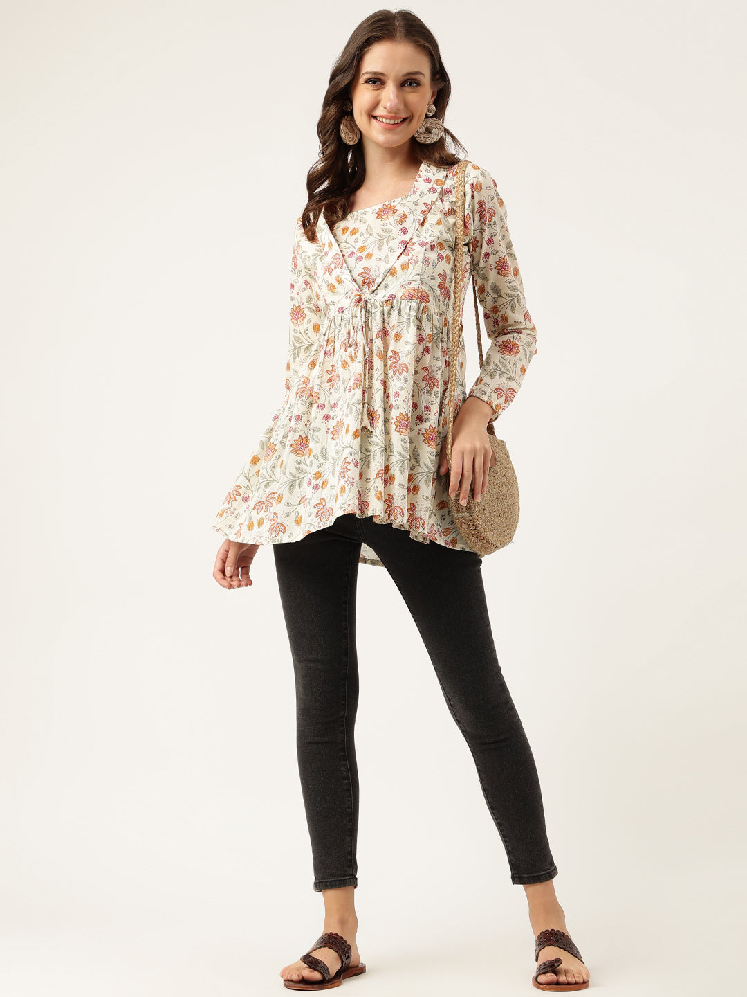 Brown Floral Printed Empire Cotton Tops | LASVINI - Redefining Indian Fashion with Elegance