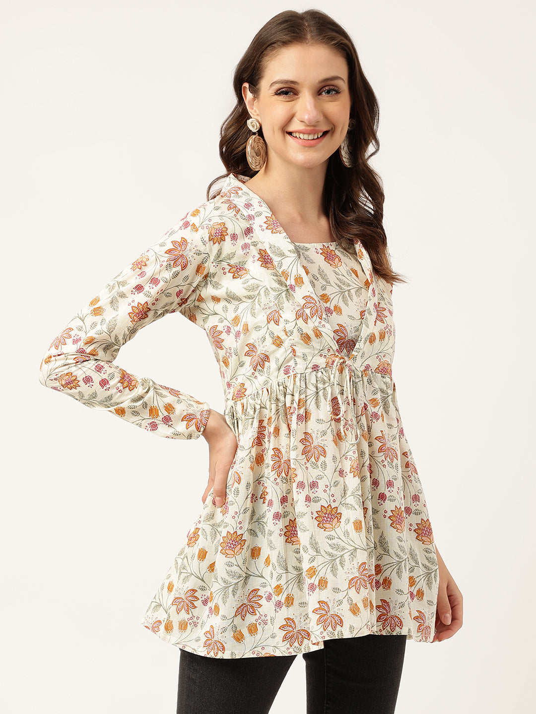 Brown Floral Printed Empire Cotton Tops | LASVINI - Redefining Indian Fashion with Elegance