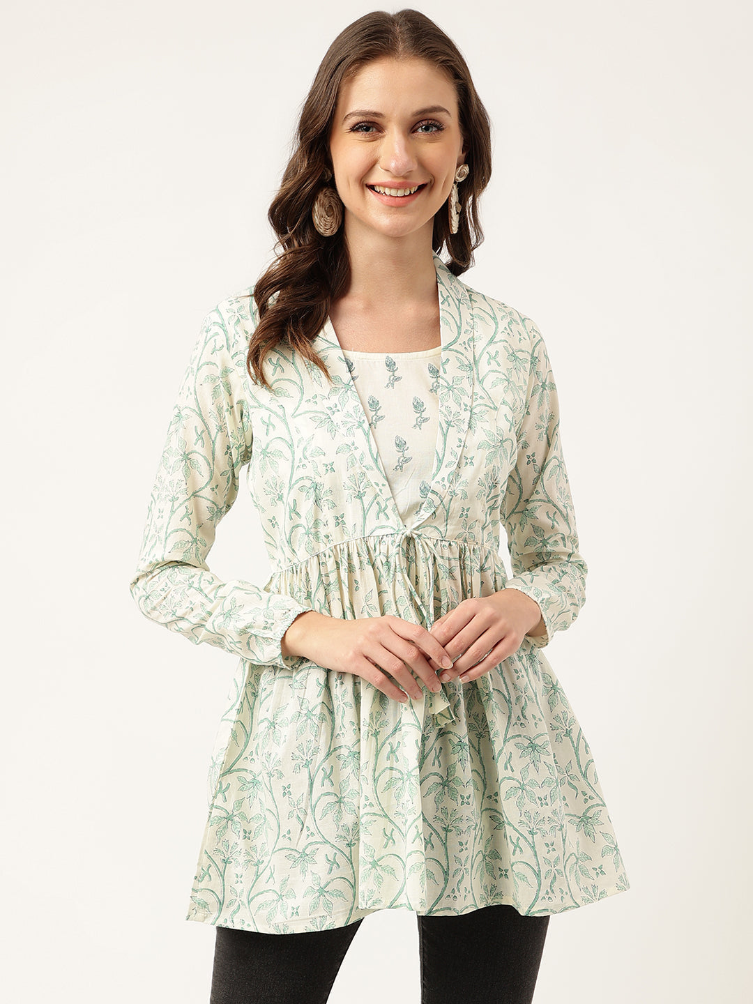 Sea Green Floral Printed Empire Cotton Tops | LASVINI - Redefining Indian Fashion with Elegance