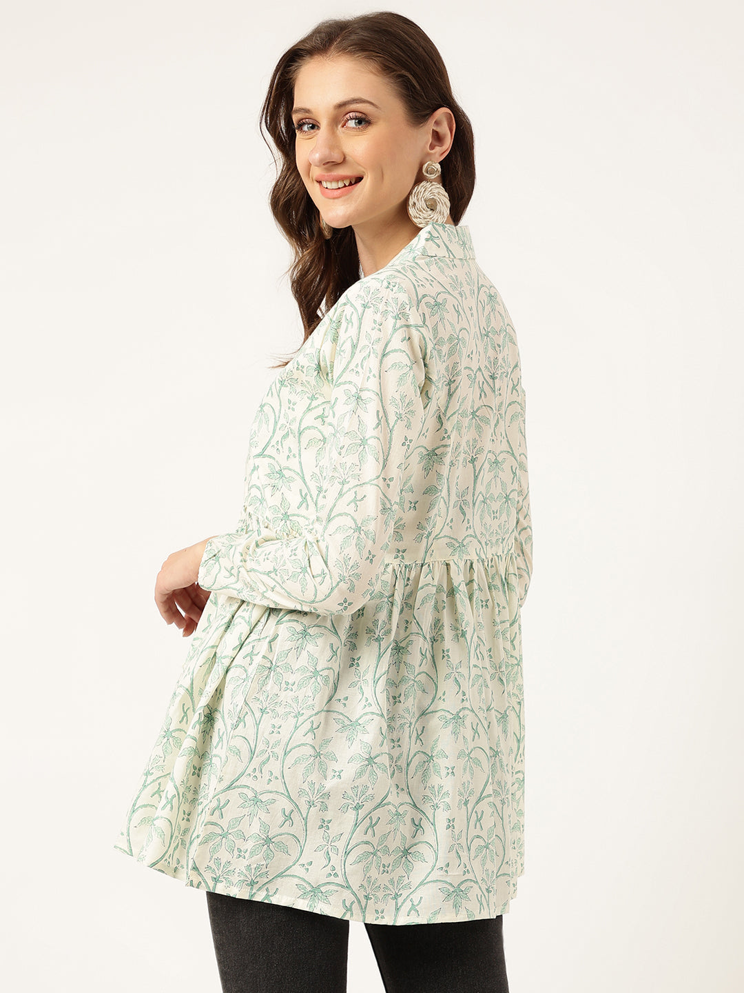 Sea Green Floral Printed Empire Cotton Tops | LASVINI - Redefining Indian Fashion with Elegance