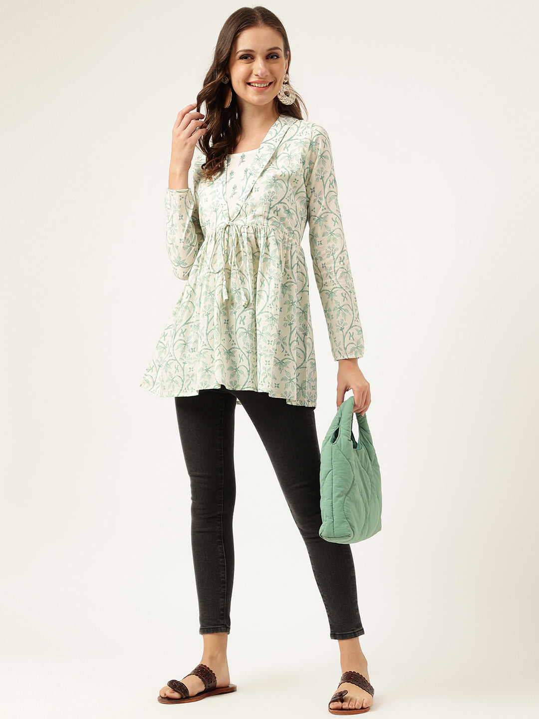 Sea Green Floral Printed Empire Cotton Tops | LASVINI - Redefining Indian Fashion with Elegance