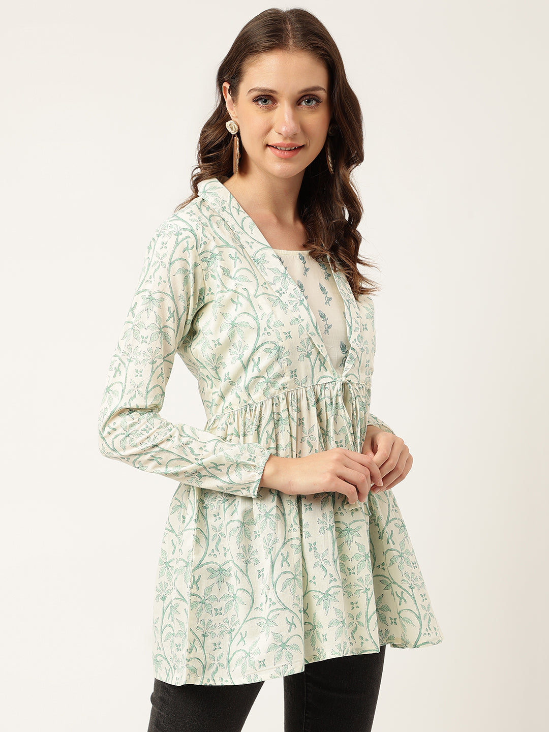 Sea Green Floral Printed Empire Cotton Tops | LASVINI - Redefining Indian Fashion with Elegance