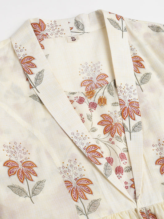 Floral Printed Cream Empire Cotton Tops | LASVINI - Redefining Indian Fashion with Elegance